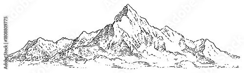 Mountain range panorama hand drawn alpine landscape vector illustration
