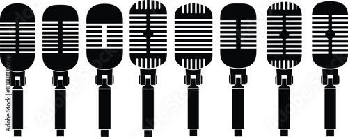 Set of vintage microphone silhouettes, retro audio recording equipment icons, classic radio broadcast symbols, black vector illustrations isolated on white background