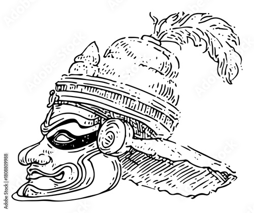 Profile sketch of kathakali dancer face with traditional mask and headgear indian classical dance vector illustration