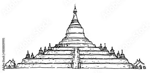 Hand drawn sketch of ancient buddhist stupa or pagoda temple architecture vector illustration of asian landmark