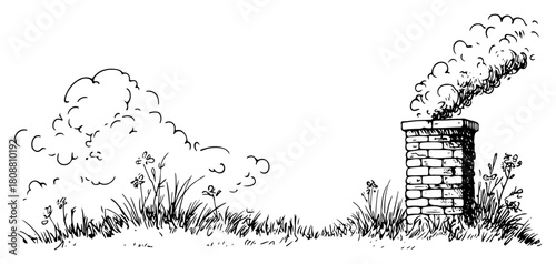 Brick chimney stack emitting smoke in grassy field landscape with clouds vector sketch