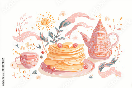Cozy pastel illustartion of tall pancakes with honey and berries, sun, flowers, and traditional Slavic tableware