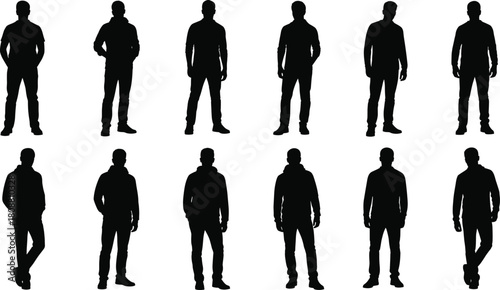 Set of young men silhouettes standing in casual poses, wearing hoodies and jackets, black vector illustration isolated on white background, male people figures