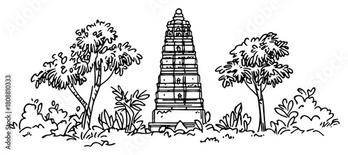 South indian temple tower architecture surrounded by trees and bushes vector sketch illustration