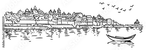 Hand drawn panoramic sketch of Varanasi city ghats along Ganges river with boat and birds