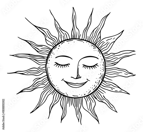 Hand drawn vintage sun face illustration with closed eyes and rays in celestial boho style