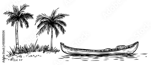 Tropical Kerala backwaters landscape with palm trees and traditional boat vector sketch