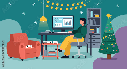 Man working at computer during Christmas holiday season.