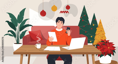 Man working at home during Christmas season with festive decorations.