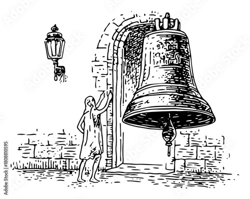 Hand drawn sketch of devotee ringing large traditional temple bell at entrance for worship ritual