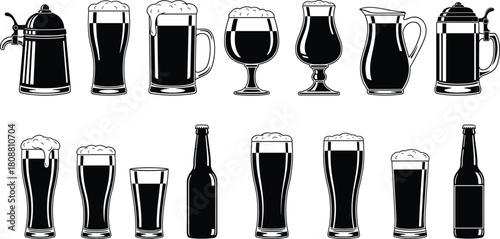 Vector collection of beer glasses, mugs, bottles, and pitchers, black and white silhouettes for pub menus, brewery logos, bar icons, and Oktoberfest graphic design