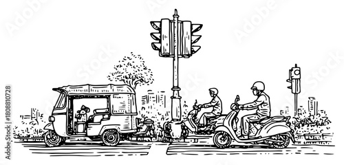Busy city street intersection with auto rickshaw and scooters waiting at traffic light sketch vector illustration