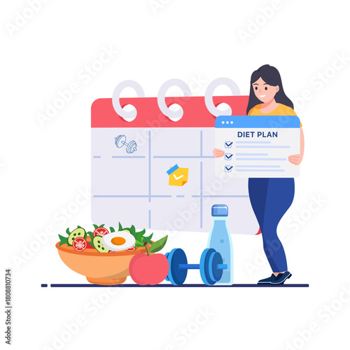 Woman with diet plan. Healthy eating and nutrition, proper diet. Dietician with clipboard. Flat vector illustration