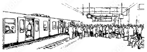Crowded railway station platform with mass of commuters boarding train during rush hour vector sketch
