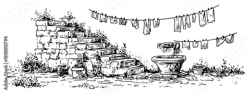 Traditional rural village scene with clothes drying on line near stone steps and water source vector sketch