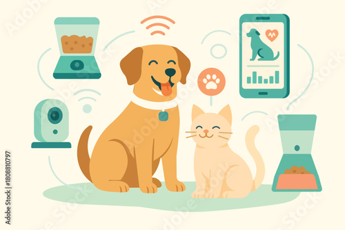 Flat Vector Artwork Showing a Pet-Care IoT Ecosystem Featuring a Happy Dog, Cat, and Smart Devices