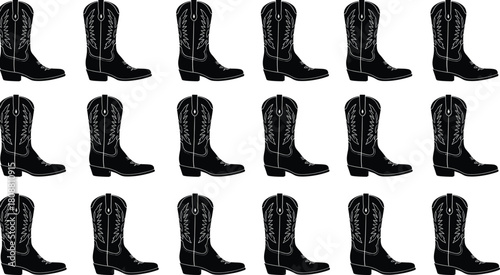 Vector collection of black cowboy boot silhouettes, western fashion footwear icons set, repeating pattern of leather boots with stitching on white background, country style
