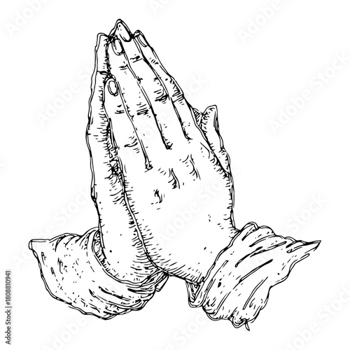 Praying hands gesture or Namaste greeting sign vintage engraving style vector