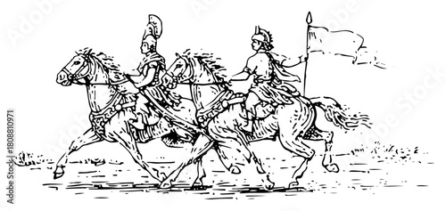 Ancient cavalry warriors riding horses in battle hand drawn historical vector illustration