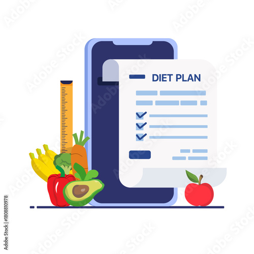 Diet plan schedule with healthy food, proper nutrition.  diet plan, healthy vegetables. illustration in flat style