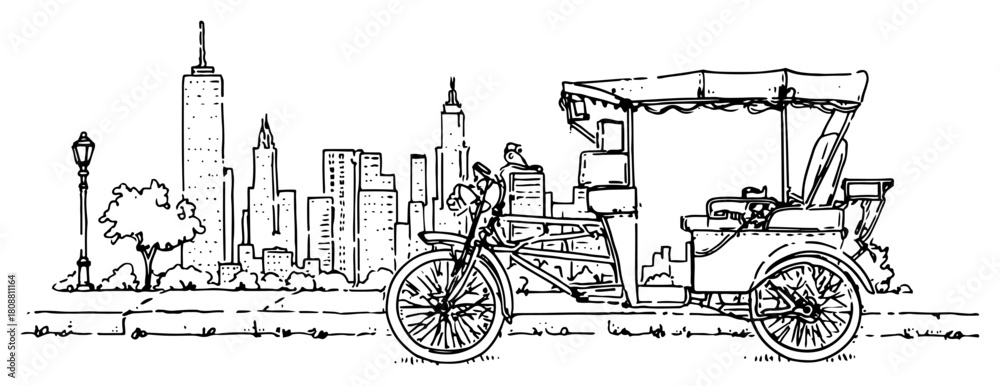 Obraz premium City Skyline With Rickshaw Carriage Urban Street Sketch Vector