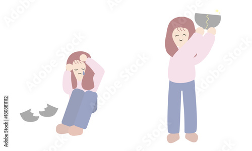 失敗をして落ち込む女性と立ち直る女性の変化イラスト