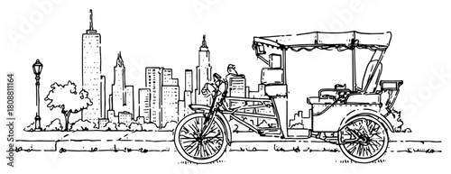 City Skyline With Rickshaw Carriage Urban Street Sketch Vector