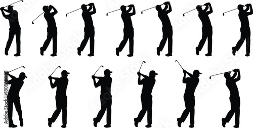Vector collection of golf player silhouettes, black figures of man swinging golf club in different positions, isolated on white background, sports design element