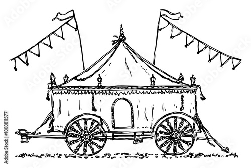 Vintage circus wagon tent with flags hand drawn carnival vector illustration