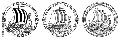 Viking Longship Emblem Set In Round Nautical Frame Vector Illustration