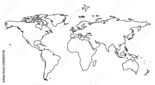 World Map Outline With Continents And Airplane Travel Route Vector