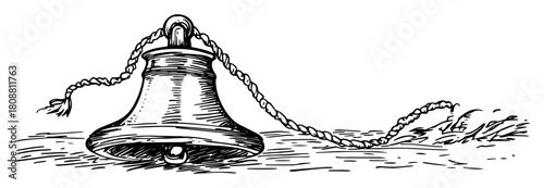 Old metal bell attached to twisted rope resting on ground hand drawn vintage vector sketch illustration