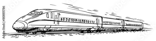 Modern high speed bullet train moving fast on railway track hand drawn vector sketch illustration