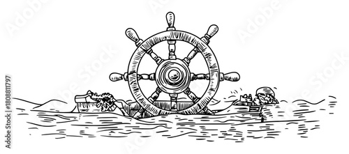 Broken ship steering wheel floating in waves after shipwreck disaster hand drawn marine vector sketch illustration