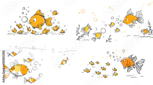 Playful goldfish illustrations featuring parent and baby fish swimming underwater with bubbles and simple aquatic plants. Ideal for kids themes, nursery prints, and cute marine storytelling artwork.