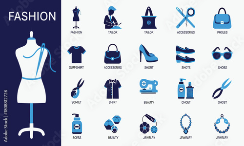 Comprehensive collection of modern fashion, apparel, and styling icons. Flat vector illustration for clothing design, tailor, beauty, and accessory concepts