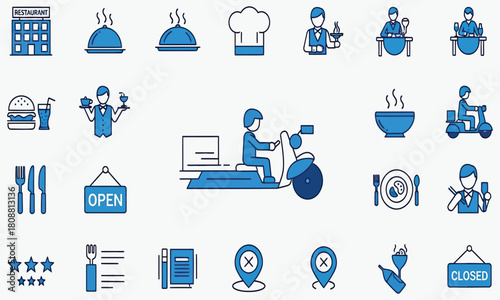 Restaurant and Food Delivery Icons Line Art for Culinary Services