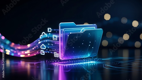 Digital data flowing into glowing translucent folders representing cloud storage and information management on a dark background