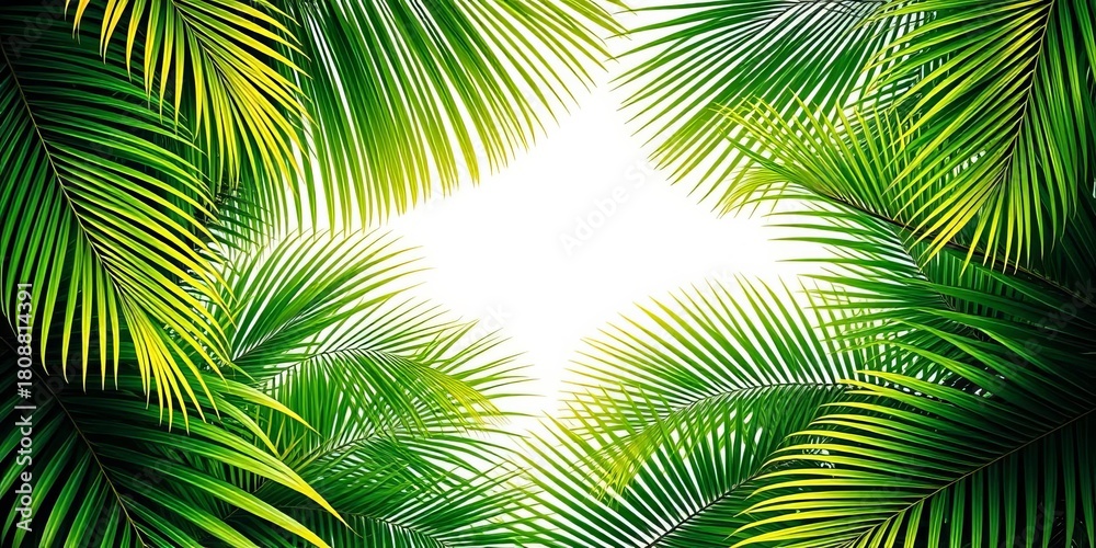 Obraz premium Tropical palm leaves form a lush, vibrant frame, tropical background, nature
