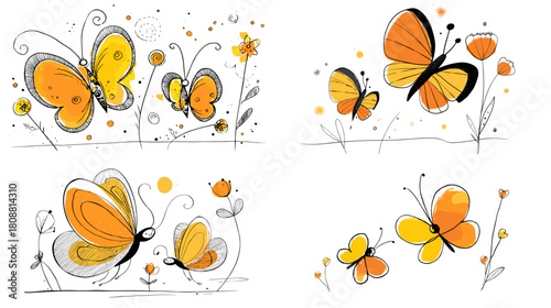 Bright and playful illustration of orange butterflies fluttering among flowers. Light sketchy lines and soft colors create a cheerful and nature inspired artwork.
