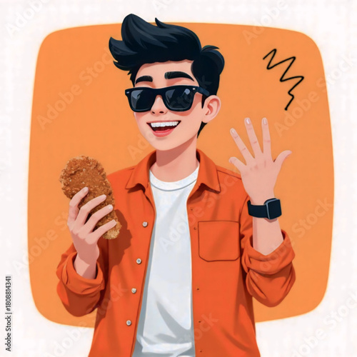 A cheerfully smiling young man with dark hair and sunglasses happily holds fried chicken and waves with his other hand