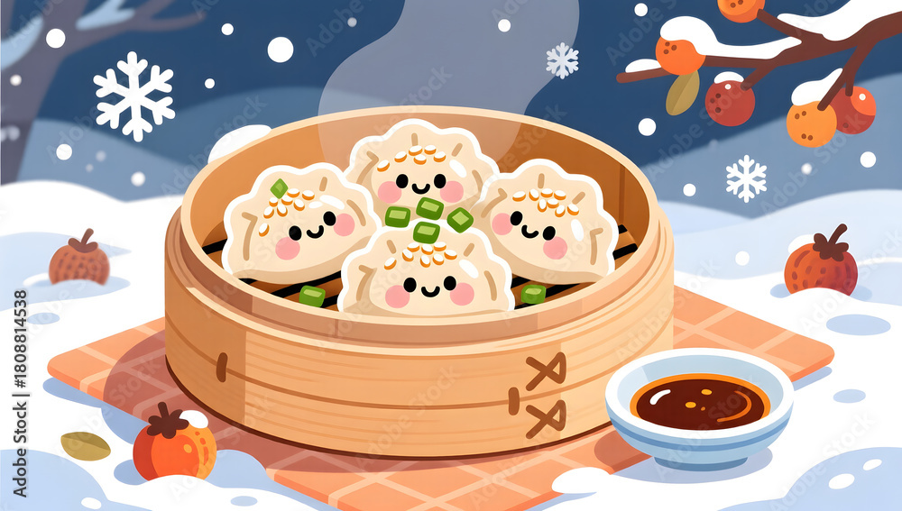 Obraz premium Dumplings with sesame and scallion in steamer for Winter Solstice