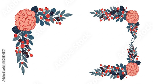 Charming floral corners with berries and leaves for elegant invitation designs and festive holiday greetings create a natural botanical frame.