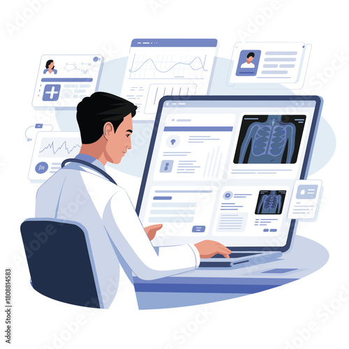 Doctor Analyzing Patient X Ray and Digital Health Records on Computer in Modern Medical Technology Illustration