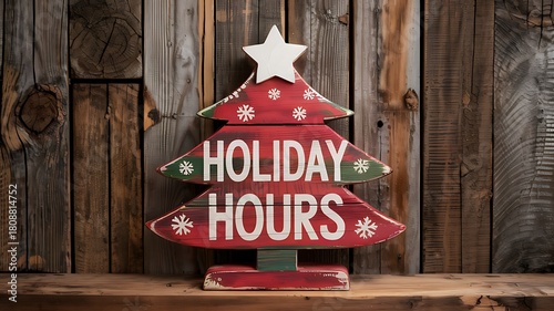 Rustic wooden christmas tree decoration with holiday hours message displayed on weathered planks background