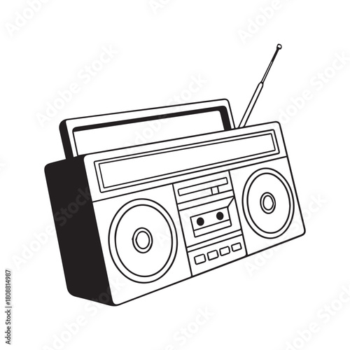 Hand drawn sketch of a retro boombox radio with Al Aire text. Vintage portable cassette player doodle illustration isolated on white background.
