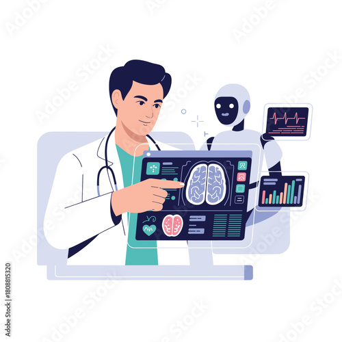Doctor Using Artificial Intelligence to Analyze Brain Scan Data in Modern Digital Healthcare Illustration