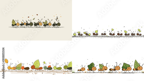 Adorable illustration of a line of colorful caterpillars walking together with leaves and tiny details. A charming nature themed artwork with playful and friendly insect characters.