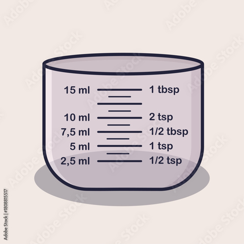 Illustration of a medicine measuring cup with clear ml and spoon-based dosage markings, perfect for medical guides, pharmacy use, and pediatric medication instructions