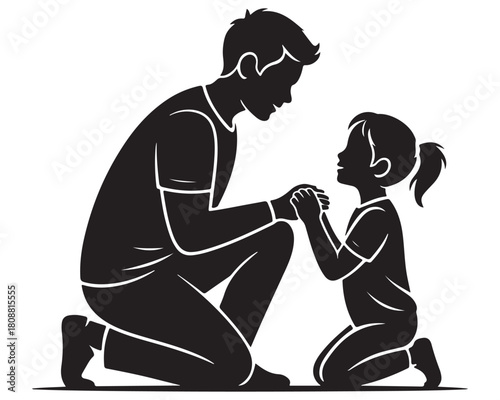 solid black color A Minimalist Flat Design illustration in the “autism
acceptance through understanding” theme — a parent kneeling to the child’s level with a peaceful shared gaze